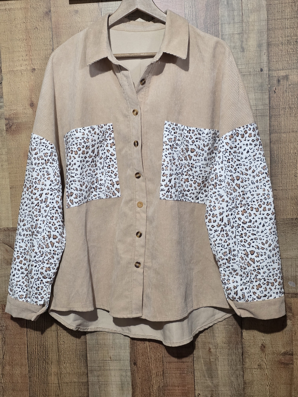 Leopard Patch Pocket Corduroy Button-Up Shacket - Beige & White